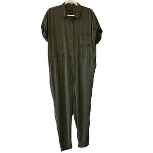 GAP Army Jacket Green Lyocell Button Down Short Sleeve Tie Waist Jumpsuit 16